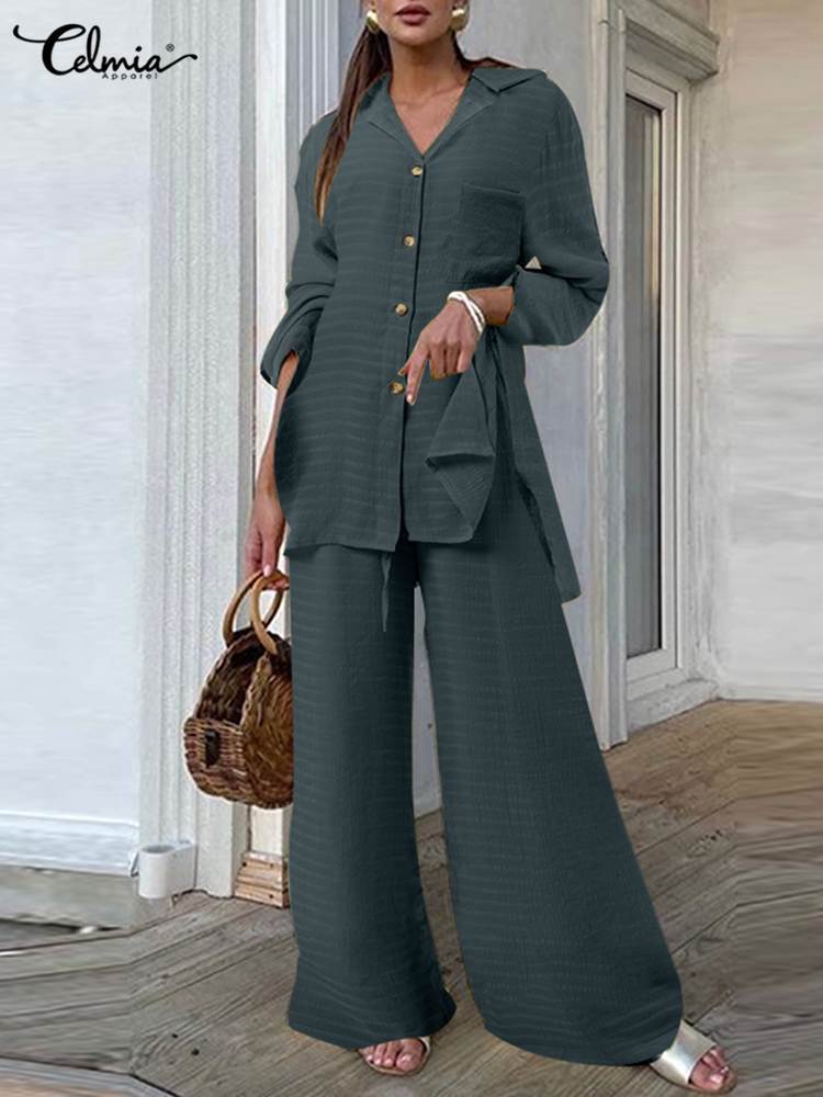 Women's Two Piece Pants Sets Women 2 PCS Celmia Fashion Solid Lapel Collar Long Sleeves Shirt and Wide Leg Long Pant Suit Casual Loose Pocket Sli