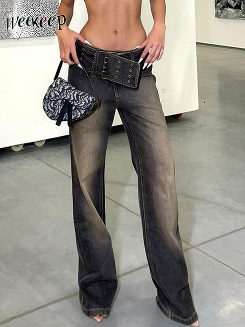 Women's Jeans Weekeep Kasual Grunge Y2k Pakaian Jalanan Sabuk Lebar Celana Kargo Denim Naik Rendah Panjang Wanita Longgar Harajuku Ibu 230510