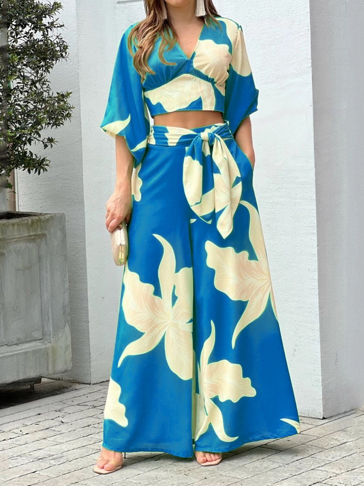 Women's Two Piece Pants Summer Casual Women Short Tops Trousers Suit Lantern Sleeve High Waist Pants Femme Outfits Retro Print Loose Two Pieces S
