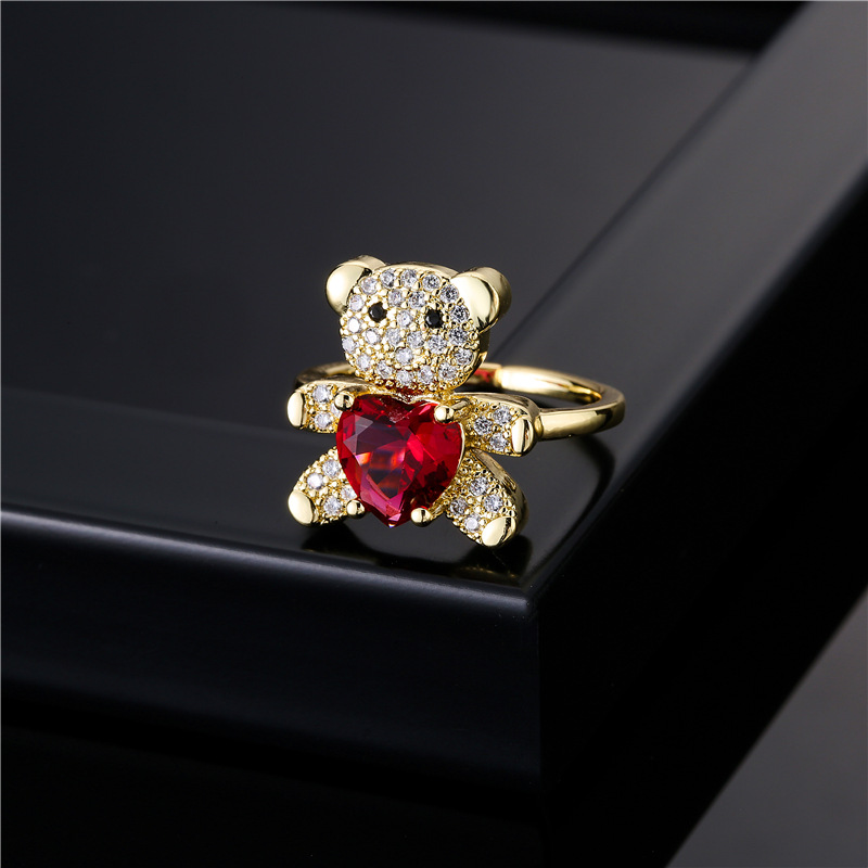 Cute Adjustable CZ Micro Pave Heart Bear Ring Copper Rings Jewelry