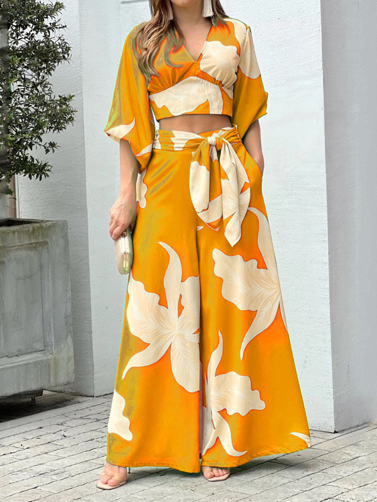 Women's Two Piece Pants Summer Casual Women Short Tops Trousers Suit Lantern Sleeve High Waist Pants Femme Outfits Retro Print Loose Two Pieces S