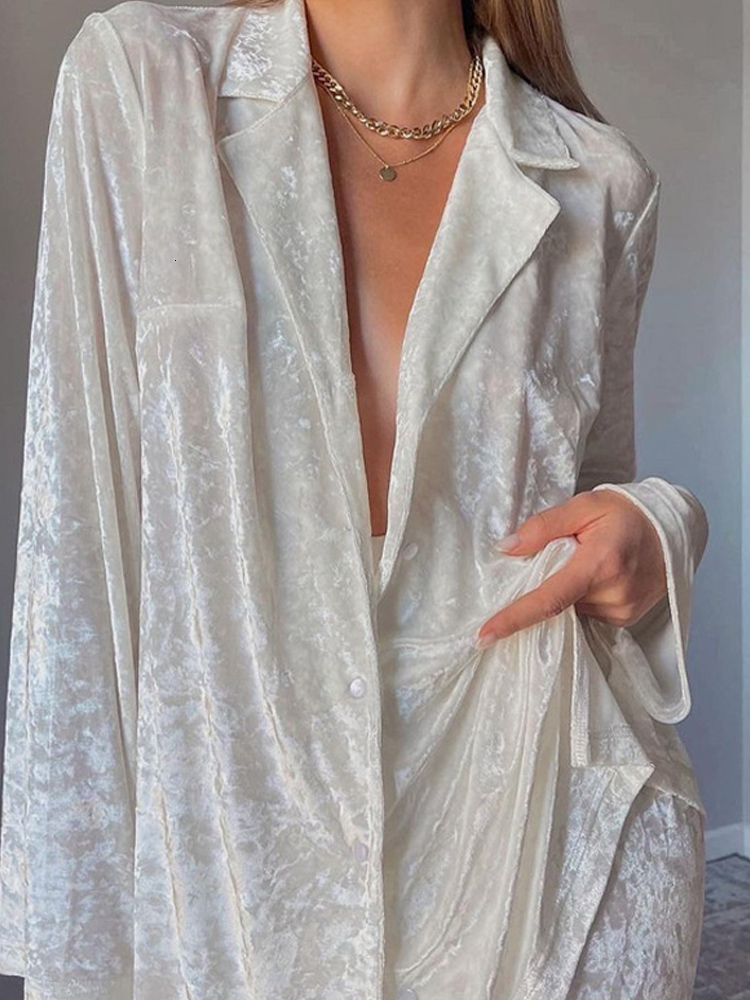 Women's Two Piece Pants Casual Velvet Women Trousers Suit Long Sleeved Single Breasted Shirt Female Suits Spring Homewear Lady Wide Leg Pants Set