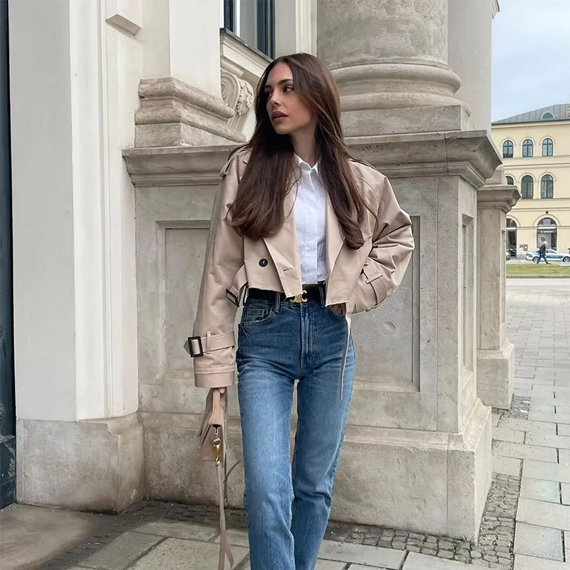Women's Jackets Mantel Hujan Crop Khaki Jaket Desain Cropped Lengan Panjang Wanita Chic High Street Kasual Longgar Atasan 2023 Baru 230510