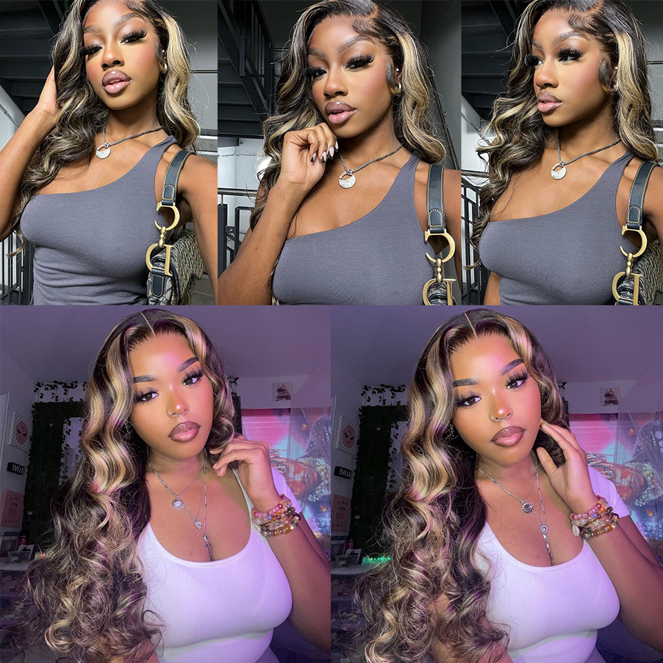 Free shipping 180denstiy Full Brazilian Blonde Highlight Front Human Hair Wig Body Wave HD Lace Frontal Synthetic Wigs For Women