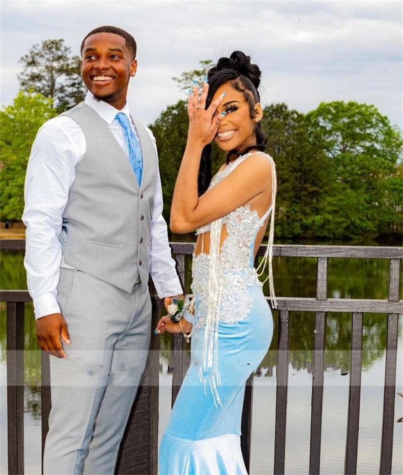 Blue Appliques Sexy Lace Mermaid Black Girl Prom Dress 2023 Veet Beads Tassles Graduation Party Gowns Robe De Bal
