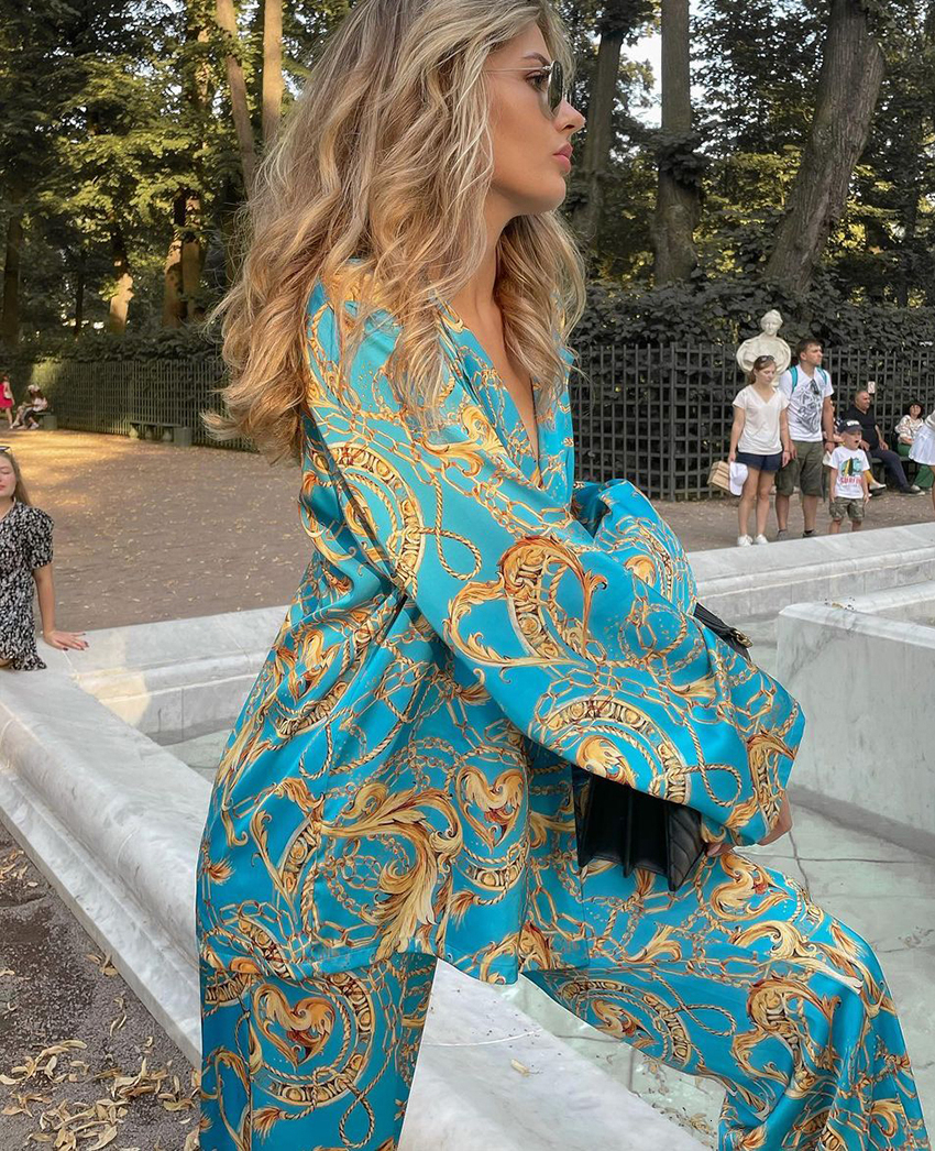 Women's Two Piece Pants Print Long Sleeve Blouses Sets Women Fashion Elegant Loose Pants Set Casual Female High Wasit Wide Leg Trousers Suits 230