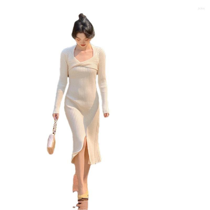 Casual Dresses Womens Autumn And Winter French Retro Knitted Dress For Women Slim Medium Length With Coat Skirt