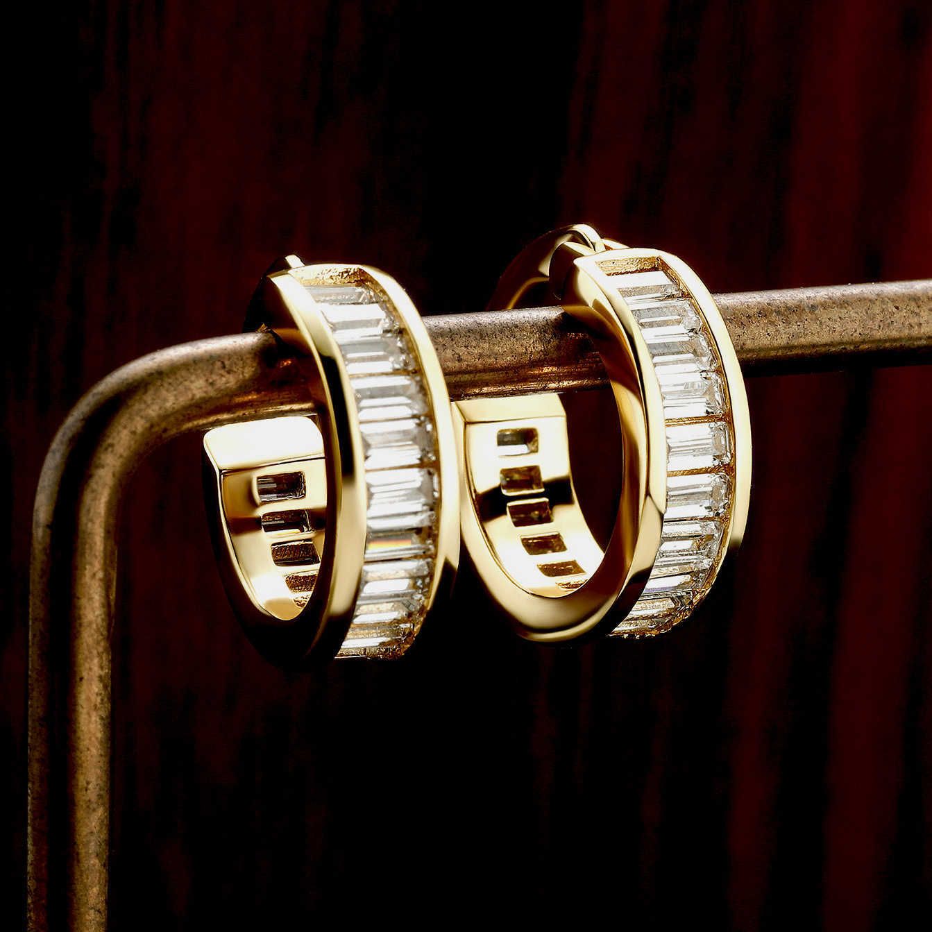 Wolf Tide Square Baguette Zirconium Huggie Hoop Earrings For Men And Women Bling Cubic Zircoina Charms Earring Shiny Crystal Ear Ring Hip Hop Jewelry 