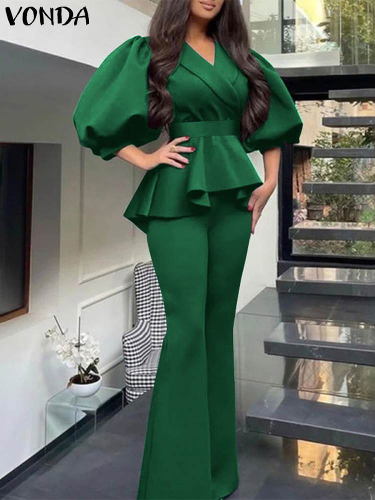Women's Two Piece Pants Y2k Women Sets VONDA Vintage Puff Sleeve Waist Belt Top Trousers Suits Female Sexy V Neck Party Sets Femininas Suits Bagg