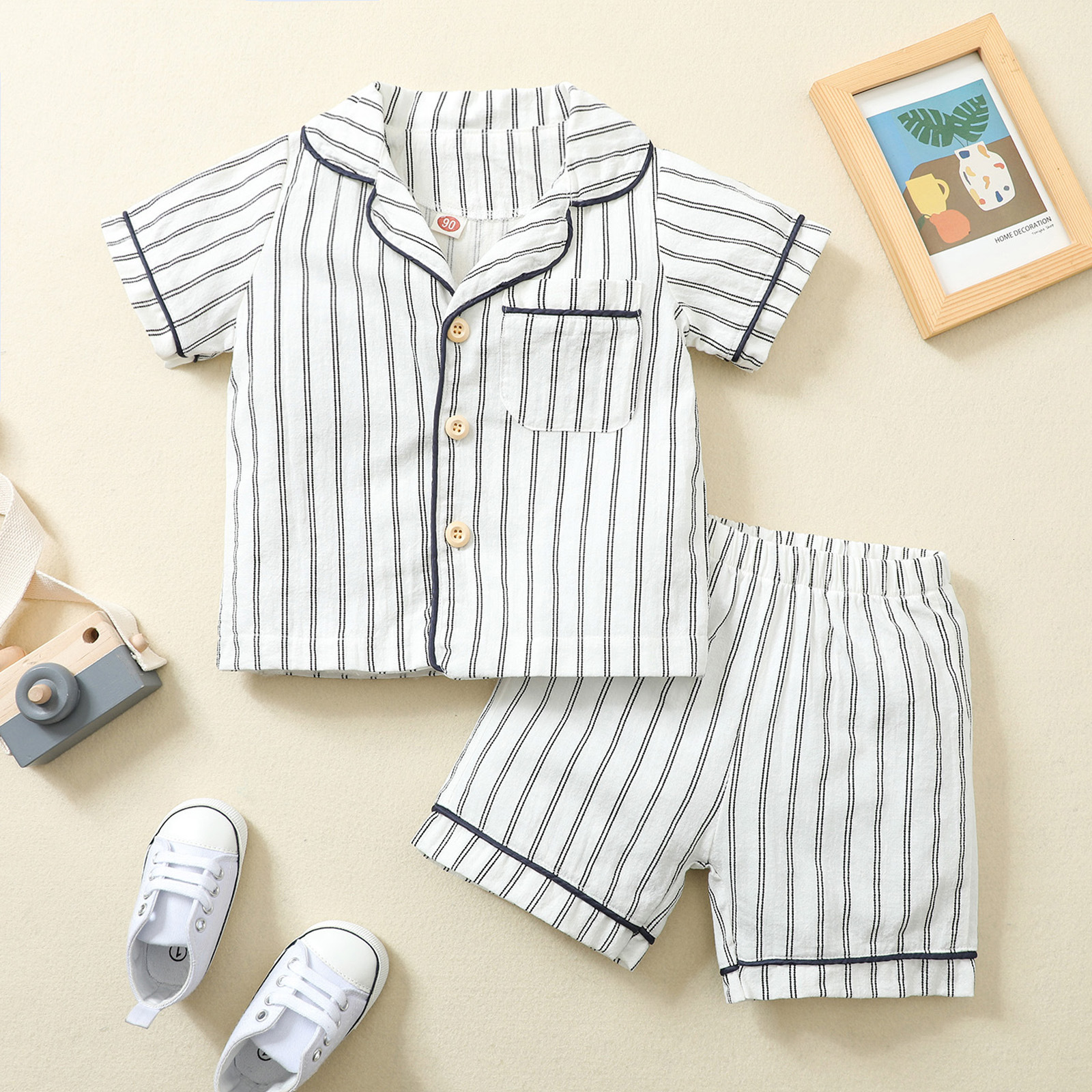Pajamas Setelan piyama katun Linen bayi laki laki kemeja berkancing lengan pendek celana pinggang tinggi 2 potong musim panas untuk anak cowok 230510