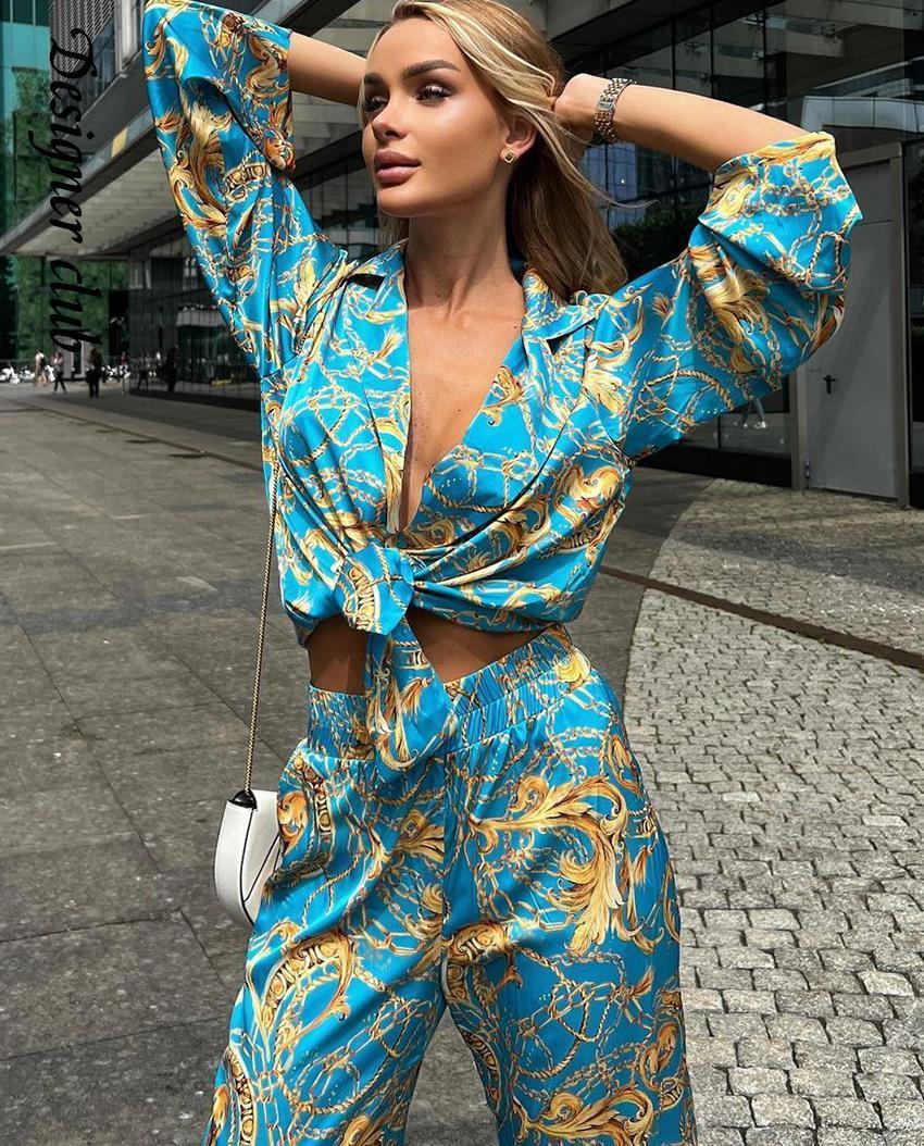 Women's Two Piece Pants Print Long Sleeve Blouses Sets Women Fashion Elegant Loose Pants Set Casual Female High Wasit Wide Leg Trousers Suits 230