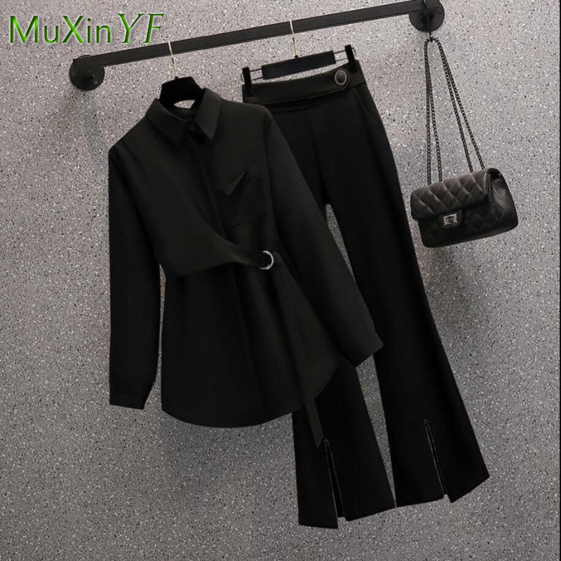 Women's Two Piece Pants Women's Autumn Fashion Shirt Blouse High Waist Pants Two Piece Korean Elegant Sweatshirt Trousers Suit Female Clothe
