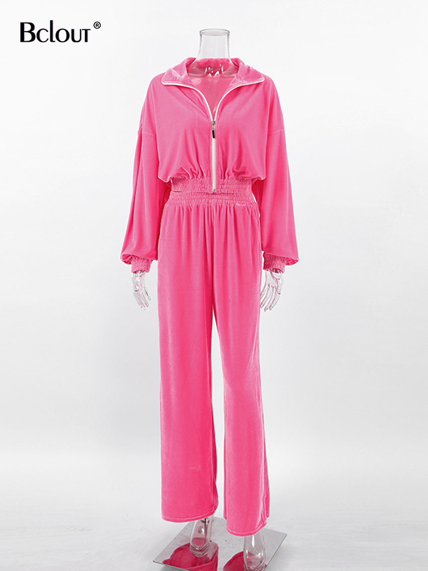 Women's Two Piece Pants Bclout Spring Pink Velvet Pants Sets Womens 2 Pieces Fashion Long Sleeve Loose Sweatshirts Sports Wide Leg Trousers Suits