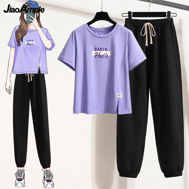 Women's Two Piece Pants Women's Tracksuit Summer Loose Slit Short Sleeve T-Shirt Pants Two-Piece Korean Fashion Top Trousers Sportwear Set 2