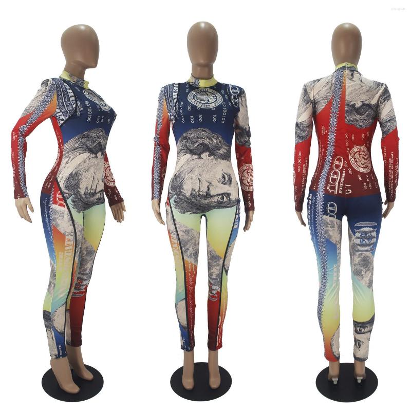 Women's Tracksuits Sexy Money Long Jumpsuit Us Dollar Printed Bodycon Rompers Autumn Turtleneck One Piece Club Outfit Fashion Clothes For
