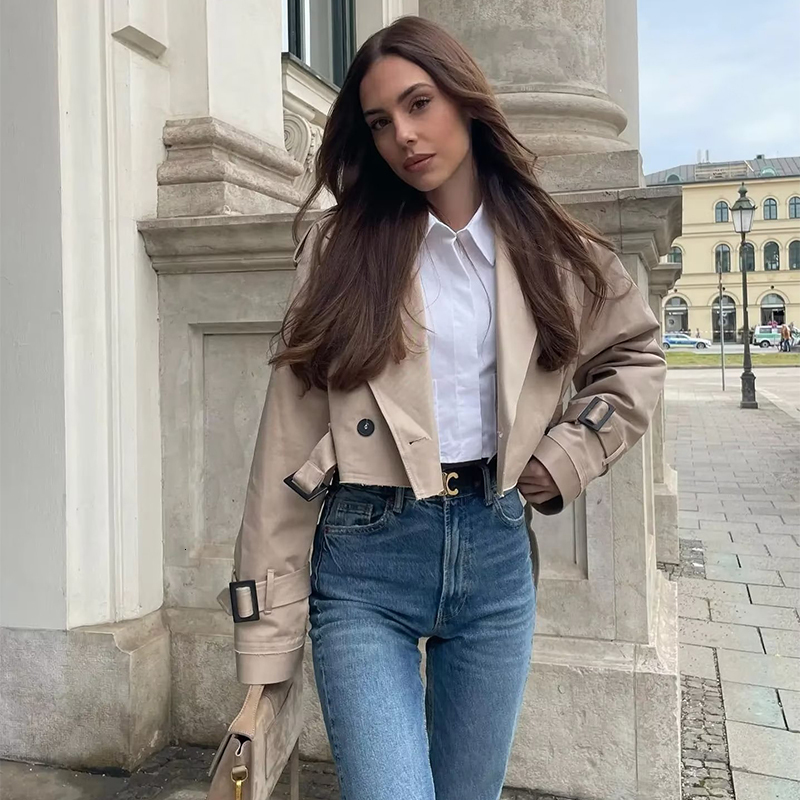 Women's Jackets Mantel Hujan Crop Khaki Jaket Desain Cropped Lengan Panjang Wanita Chic High Street Kasual Longgar Atasan 2023 Baru 230510