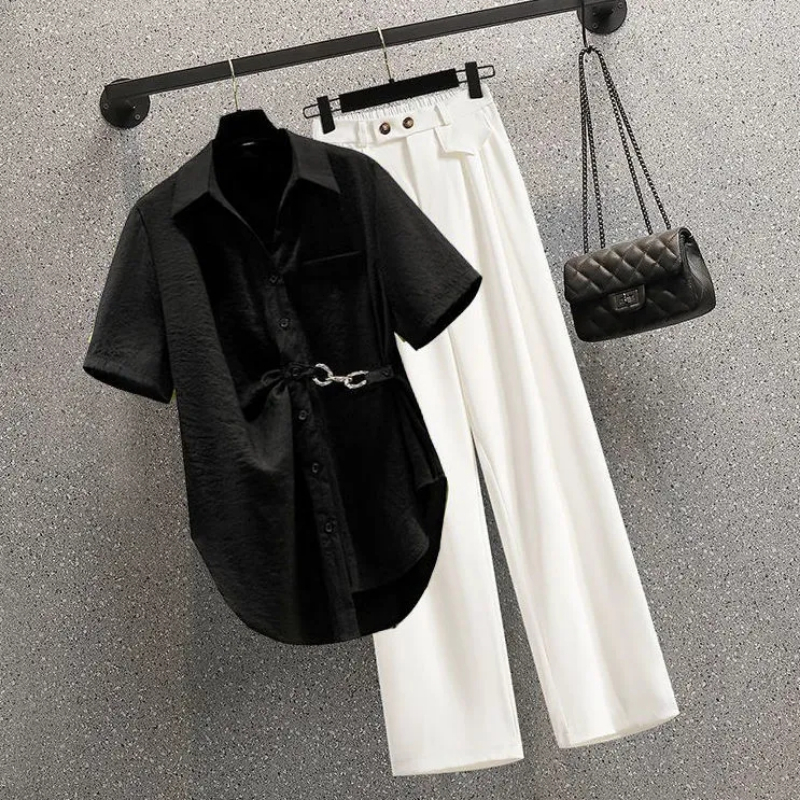 Women's Two Piece Pants Loose Casual Elegant Women's Pants Set Chain Decorative Chiffon Shirt Work Trousers Two Piece Set Female Tracksuit B
