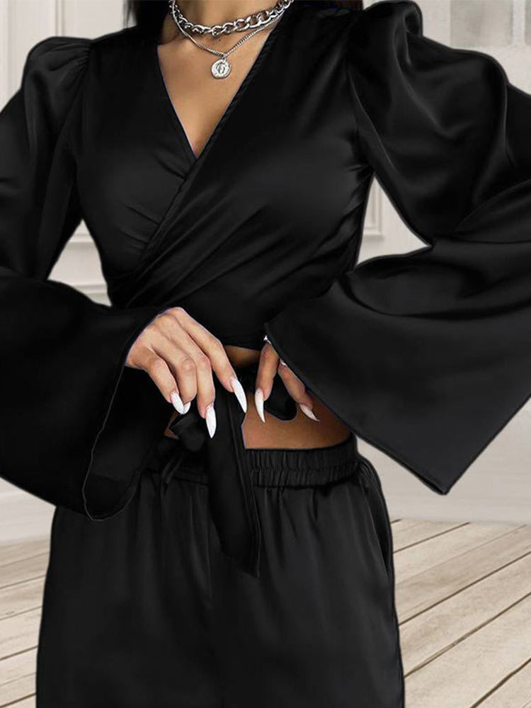 Women's Two Piece Pants Flared Sleeves Two-piece Women Sets Lace-up Short Top Loose Trousers Fashion Lady Outfits Solid Color V-neck Casual Femal