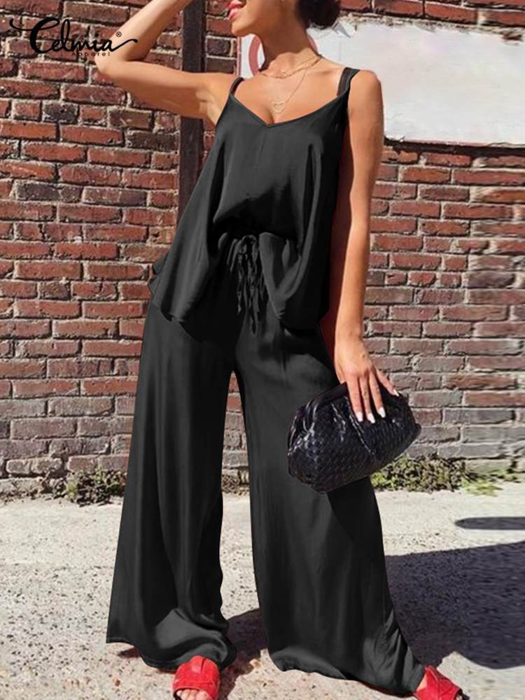 Women's Two Piece Pants Celmia Women Summer Matching Sets Casual 2 Piece Pant Suits Spaghetti Strap Camisole Tops Wide Leg Elastic Waist Long Tro