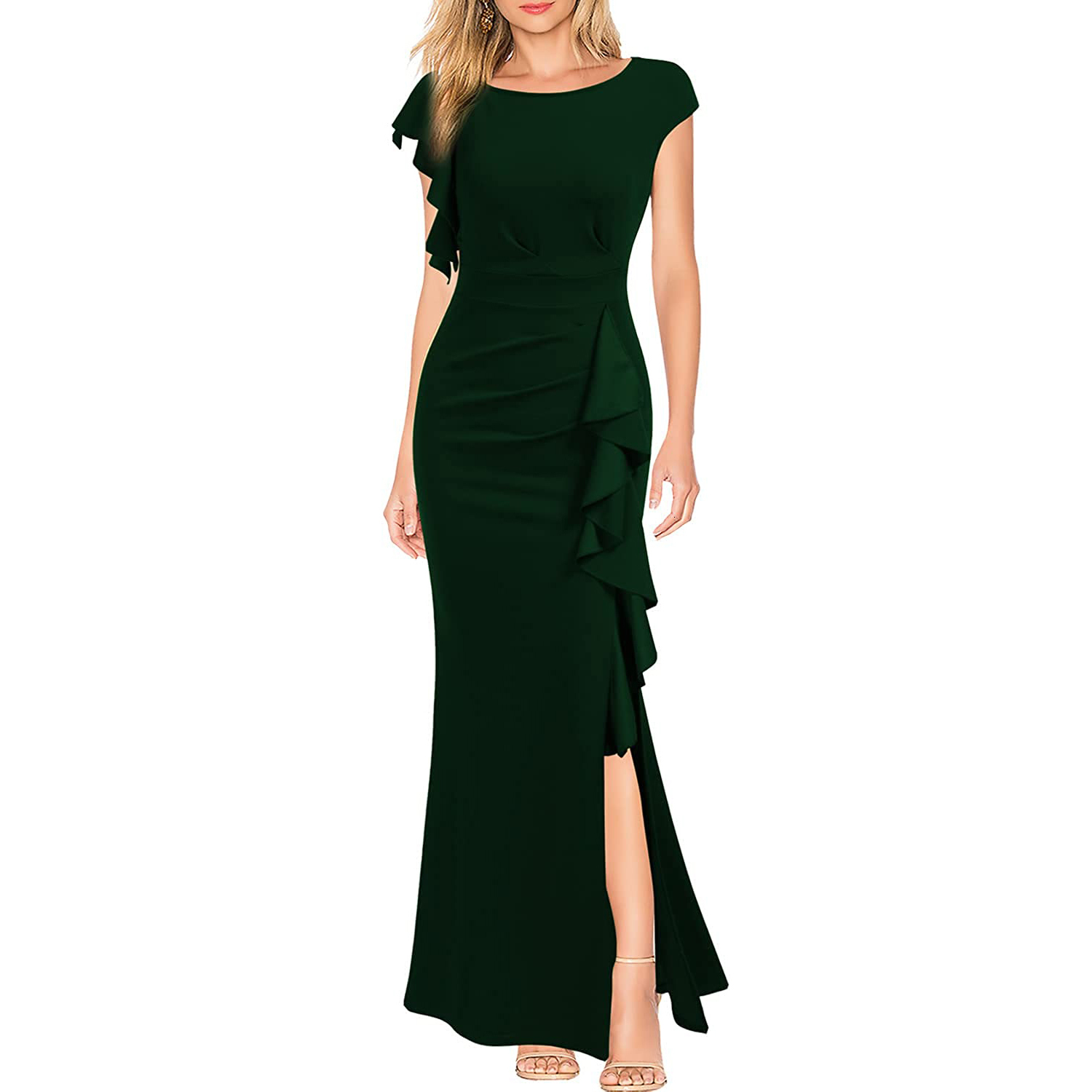 Bodycon Cocktail Dresses: Women's O-Neck Ruffle Sleeve Split Mermaid Evening Long Dress C260312
