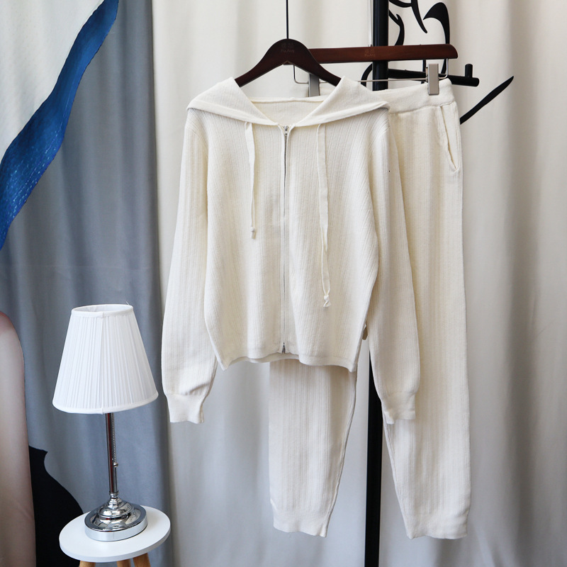 Women's Two Piece Pants Women Tracksuit Thick Sweater Autumn Winter Knitted Two Piece Set Hooded Zipper Up TopPant Warm Sweater Elastic Trousers 