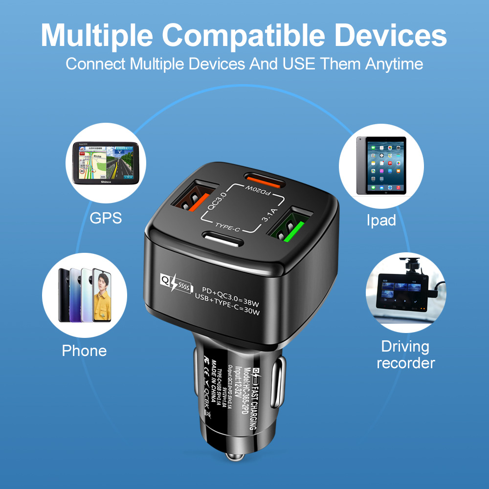 4 Ports PD Car Chargers 38W Fast Quick Charging QC3.0 Type C Power Adapters for iPhone 16 15 14 13 12 11 14 pro Max Samsung S23 S22 S21 LG Moto Google