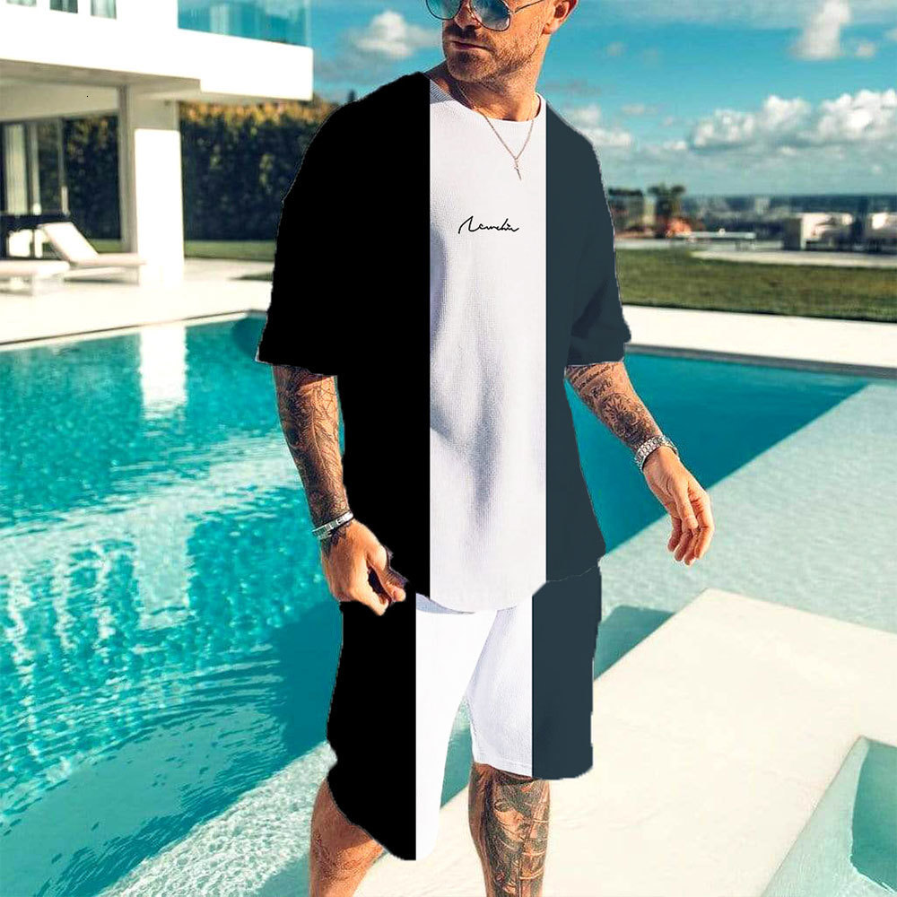 Men's Tracksuits Black And White Stripes T Shirt Set Fashion Men Tracksuit Suit Short Sleeve Tshirts Shorts Oversized 6XL Casual Streetwear Sport