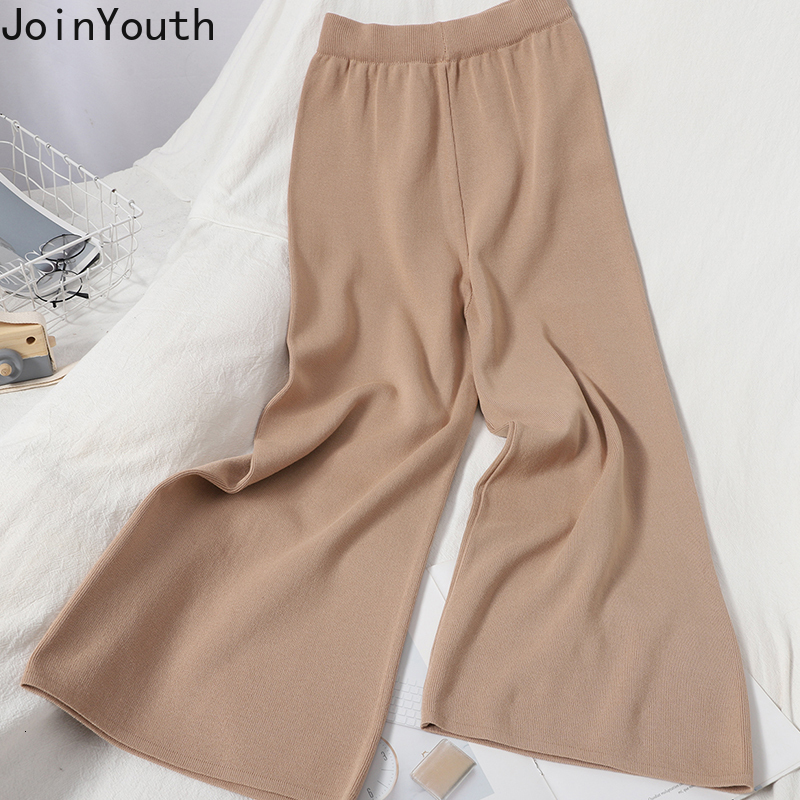 Women's Two Piece Pants Joinyouth Autumn All-match Two-piece Suit Women Suits V-neck Lace-up Slim Waist Tops High-waist Wide-leg Trousers Knitted