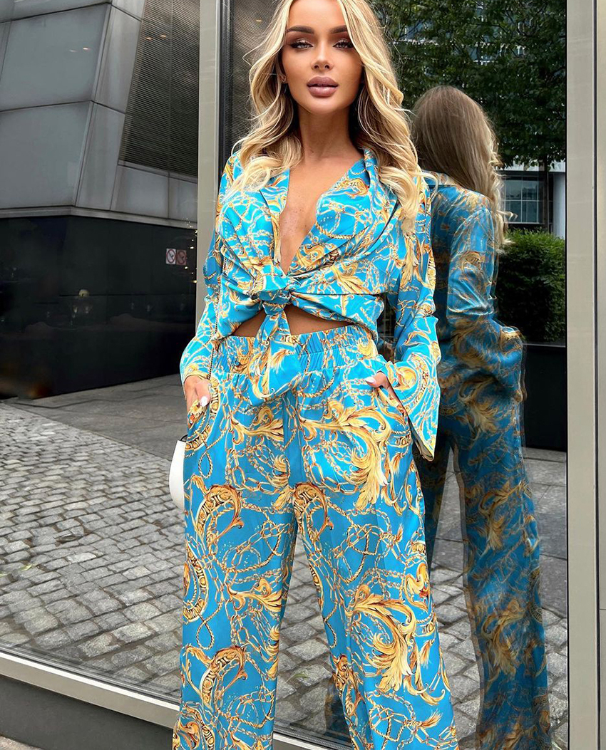 Women's Two Piece Pants Print Long Sleeve Blouses Sets Women Fashion Elegant Loose Pants Set Casual Female High Wasit Wide Leg Trousers Suits 230