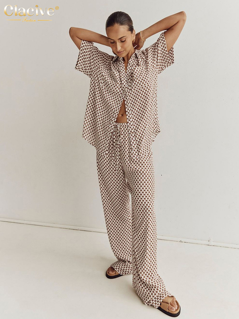 Women's Two Piece Pants Clacive Summer Short Sleeve Blouse Two Piece Set For Women Elegant Loose Print Pants Set Fashion Mid Waist Wide Trouser S