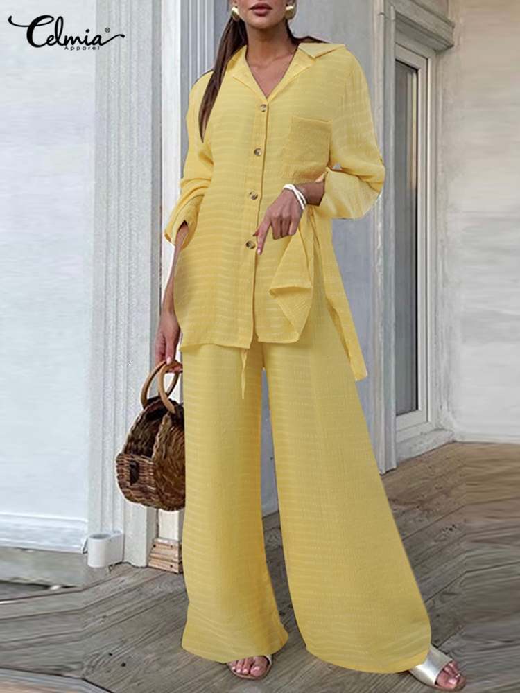 Women's Two Piece Pants Sets Women 2 PCS Celmia Fashion Solid Lapel Collar Long Sleeves Shirt and Wide Leg Long Pant Suit Casual Loose Pocket Sli