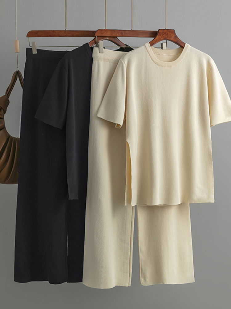 Women's Two Piece Pants Casual Knitted Pants 2 Piece Sets Women Outfit Summer Streetwear Loose Split SweaterLace-Up Trousers Short Sleeve Suit 23