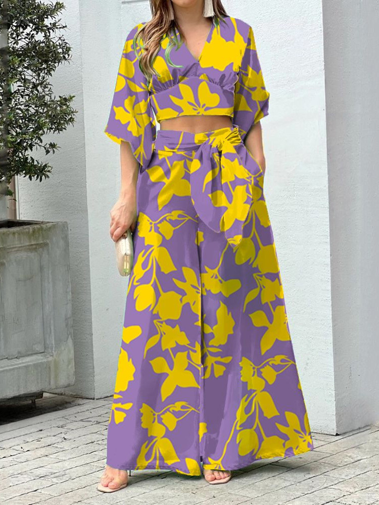Women's Two Piece Pants Summer Casual Women Short Tops Trousers Suit Lantern Sleeve High Waist Pants Femme Outfits Retro Print Loose Two Pieces S