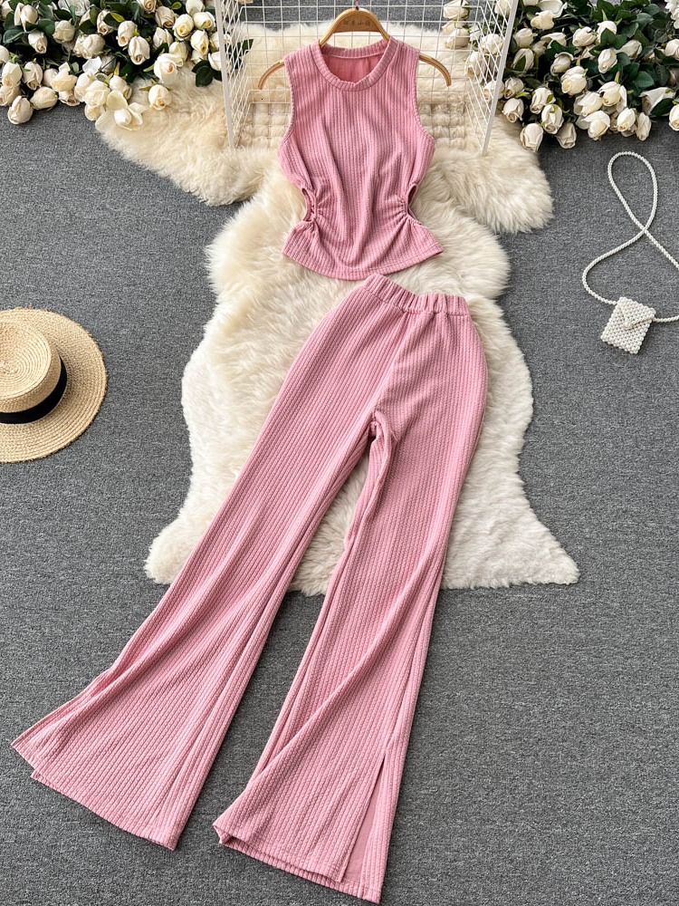 Women's Two Piece Pants Korean Suits Women's Two Piece Set Summer Slim Fit Sleeveless O-neck Tops High Waist Slits Trousers Two-piece Suit F