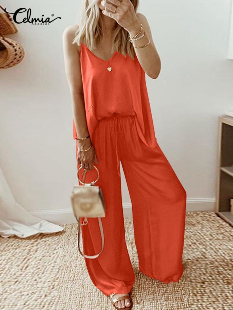 Women's Two Piece Pants Celmia Women Summer Matching Sets Casual 2 Piece Pant Suits Spaghetti Strap Camisole Tops Wide Leg Elastic Waist Long Tro