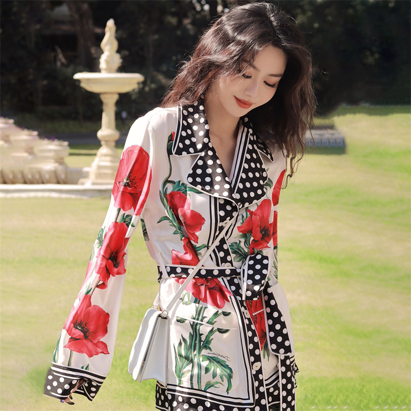 Women's Two Piece Pants Spring and summer women's satinelastic waist printed trouser suit ss fashion casual lapel casual shirt holiday wind 