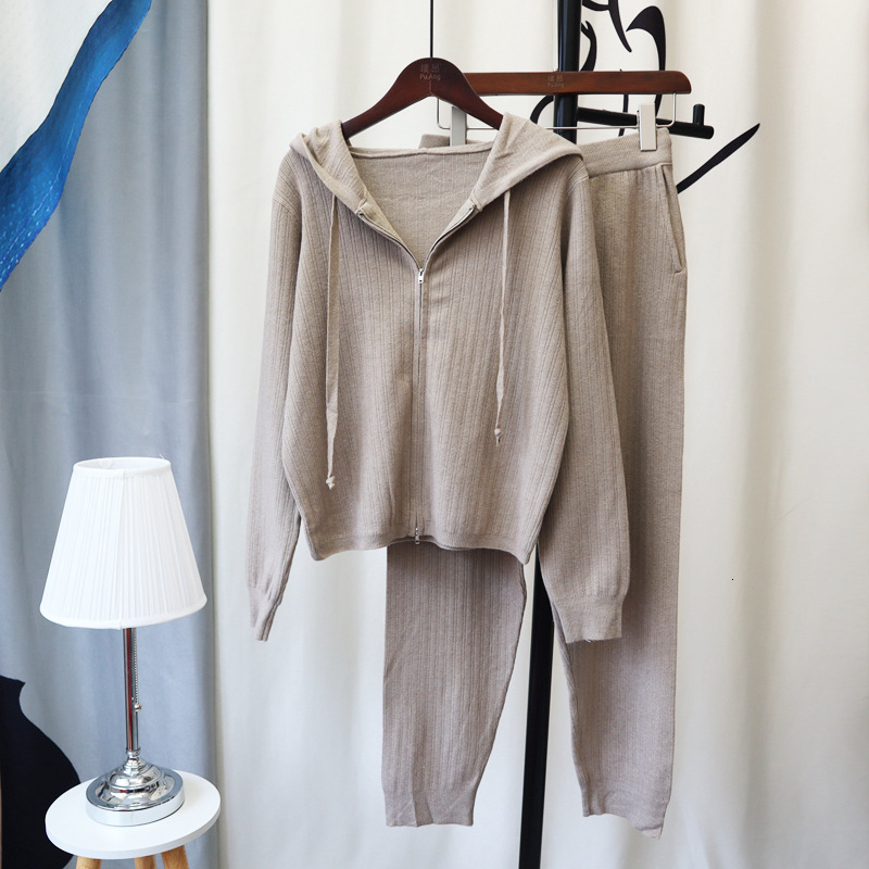 Women's Two Piece Pants Women Tracksuit Thick Sweater Autumn Winter Knitted Two Piece Set Hooded Zipper Up TopPant Warm Sweater Elastic Trousers 