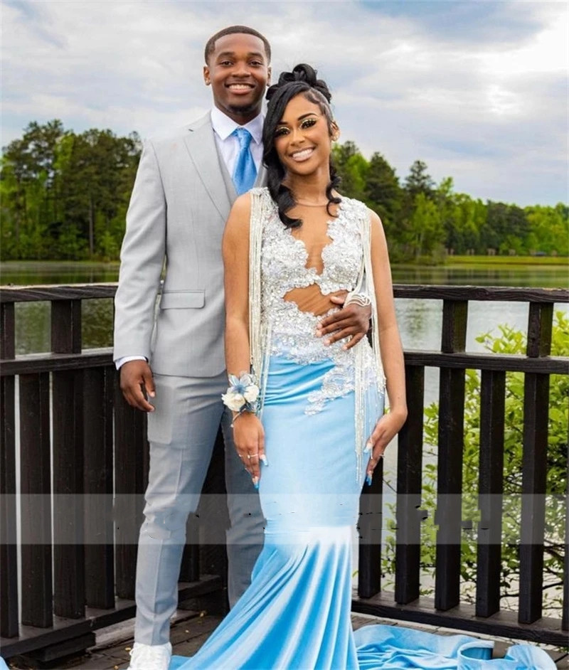 Blue Appliques Sexy Lace Mermaid Black Girl Prom Dress 2023 Veet Beads Tassles Graduation Party Gowns Robe De Bal