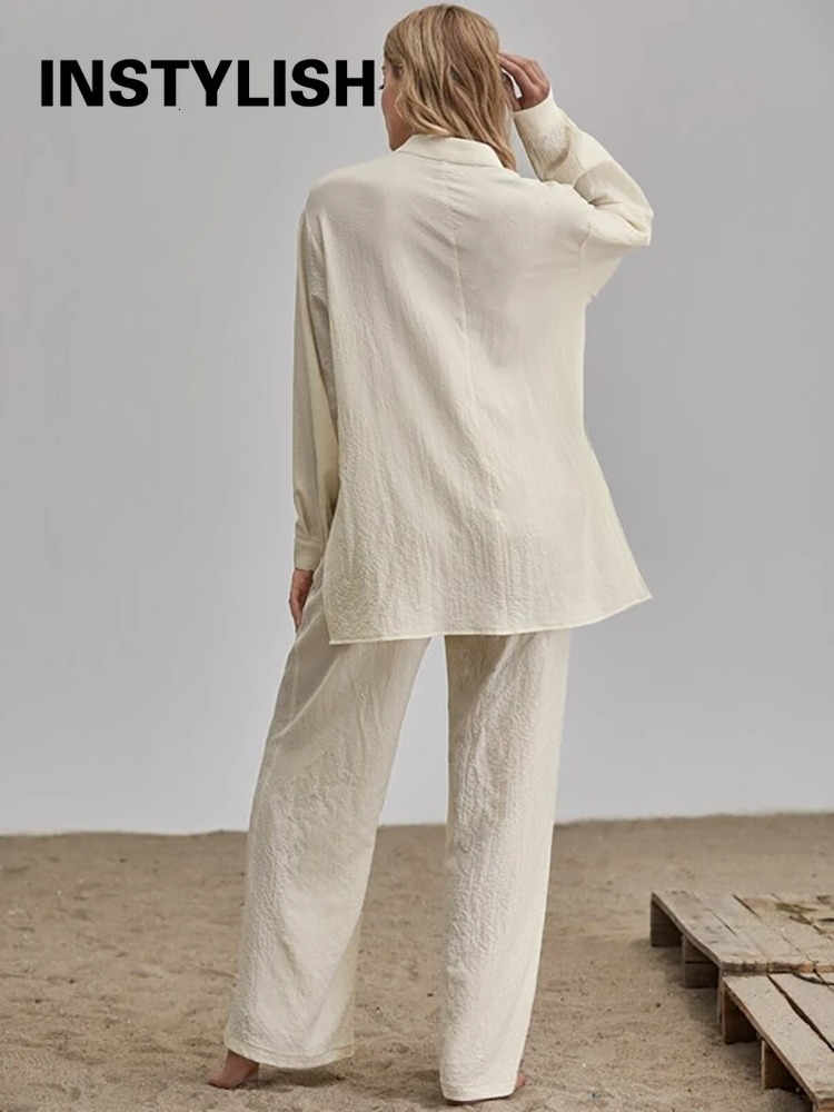 Women's Two Piece Pants Elegant Cotton Linen Two Pieces Sets Long Sleeve Shirt and High Waist Trousers Vintage Solid Suits Women Outfits Streetwe