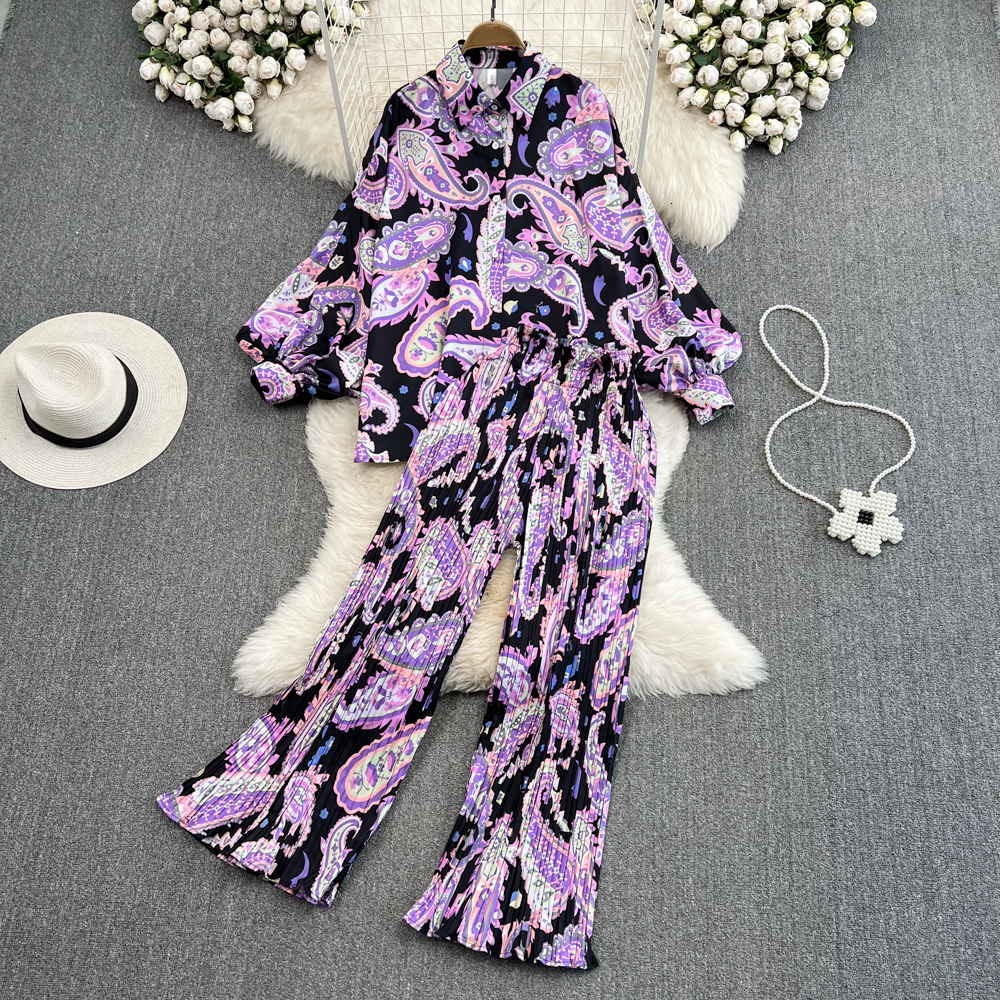Women's Two Piece Pants Clothland Women Elegant Print Blouse Trousers Suit Loose Batwing Sleeve Shirt Pleated Wide Leg Pants Chic Two Piece Set T