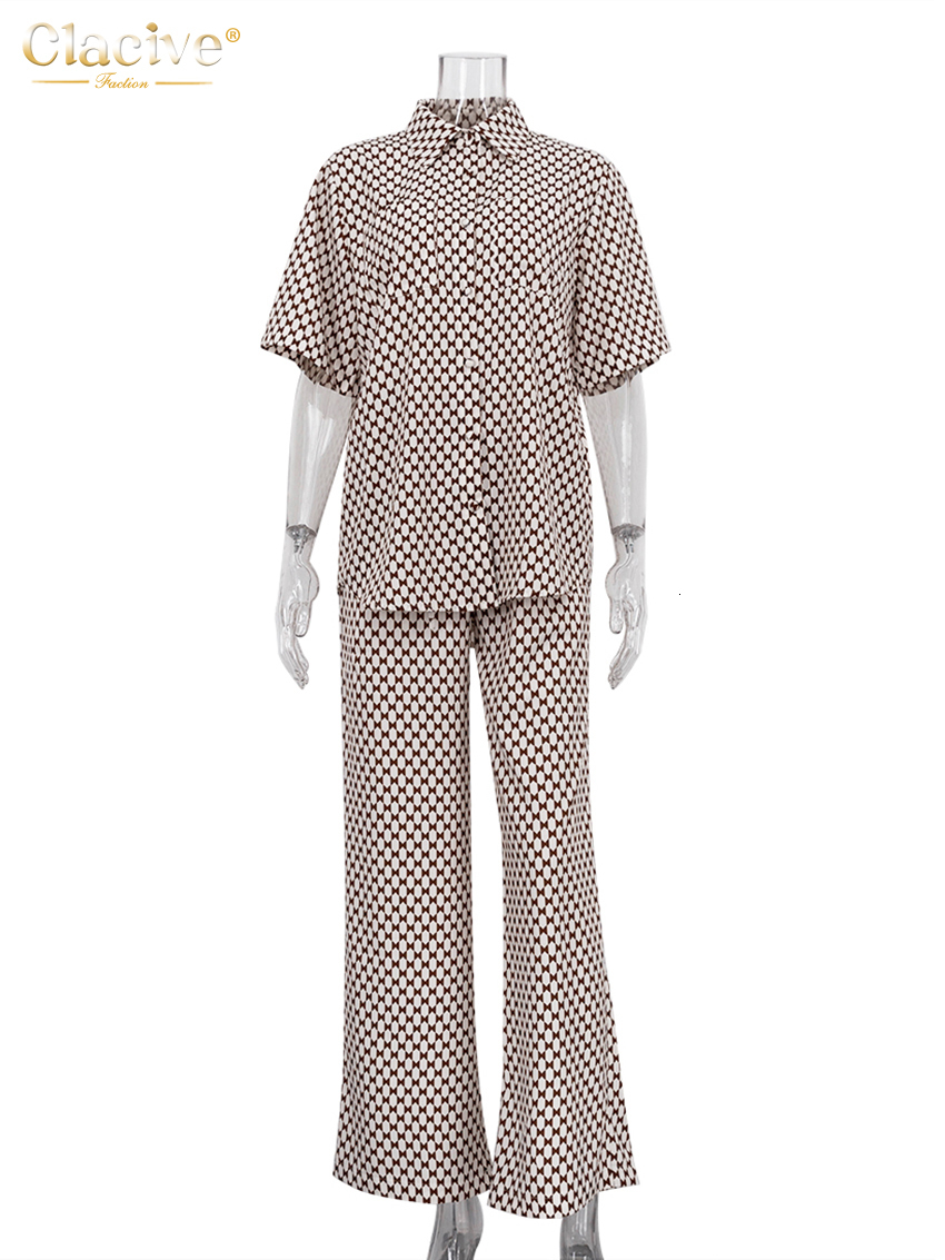 Women's Two Piece Pants Clacive Summer Short Sleeve Blouse Two Piece Set For Women Elegant Loose Print Pants Set Fashion Mid Waist Wide Trouser S