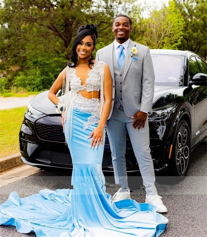 Blue Appliques Sexy Lace Mermaid Black Girl Prom Dress 2023 Veet Beads Tassles Graduation Party Gowns Robe De Bal