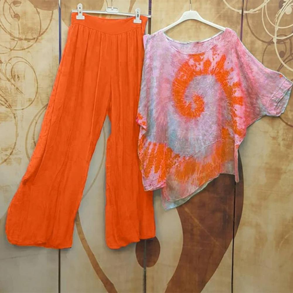 Women's Two Piece Pants M - 5XL 2Pcs Tops Pants Set Vintage Tie-dye Round Neck Half Sleeves Irregular Hem High Waist Summer Women T-shirt Trouser