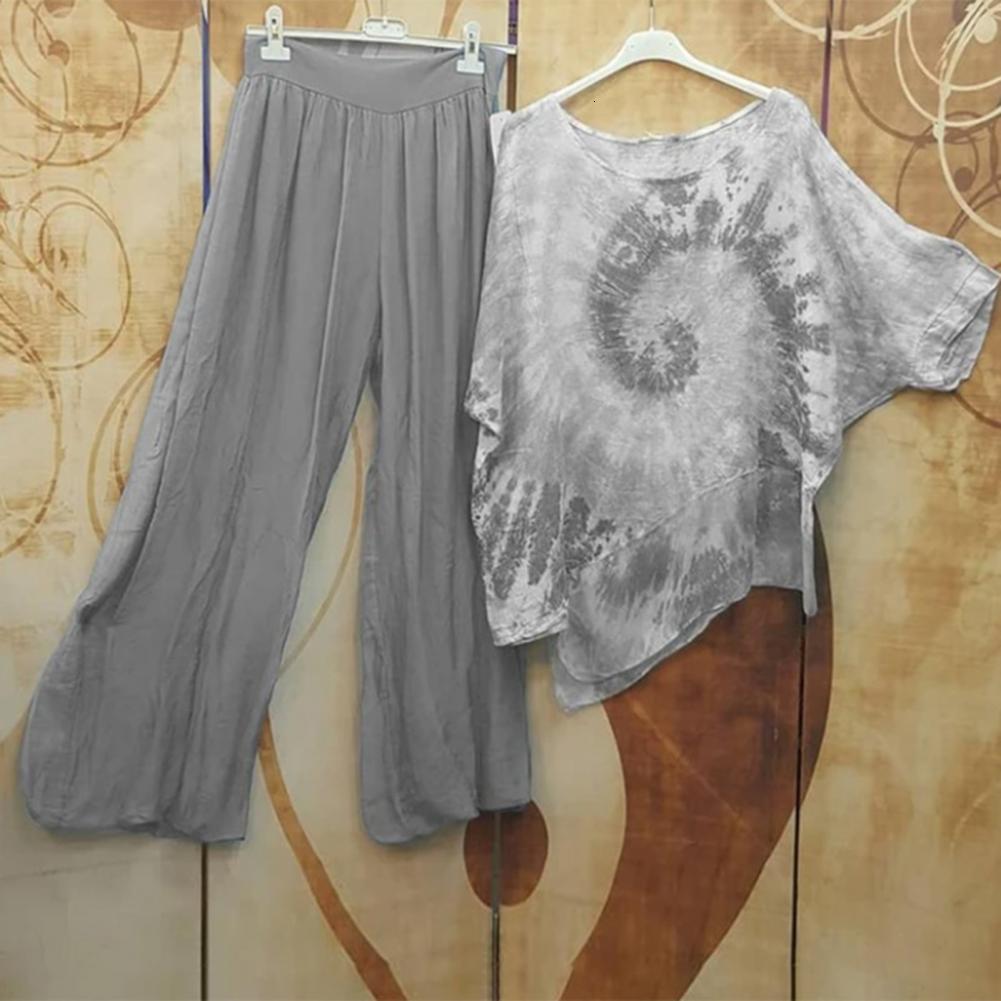Women's Two Piece Pants M - 5XL 2Pcs Tops Pants Set Vintage Tie-dye Round Neck Half Sleeves Irregular Hem High Waist Summer Women T-shirt Trouser