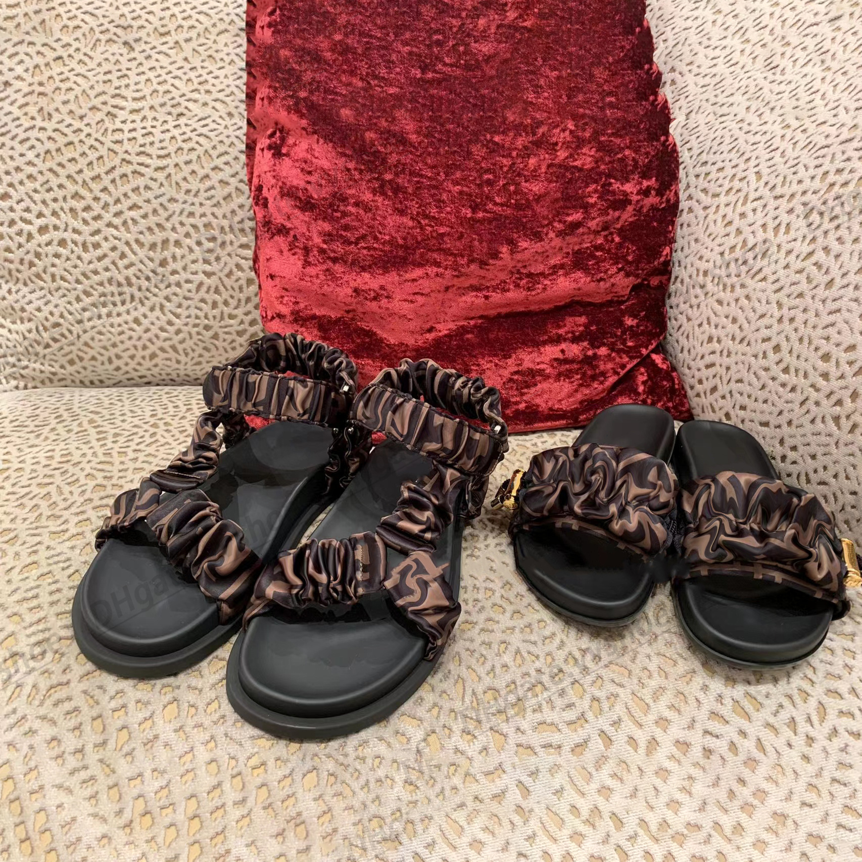Sandal famous designer woman luxury man F Feel Brown satin slides gold stopper drawstring flat summer outside top quality shoe comfort flat with box slipper, #1
Sandal famous designer woman luxury man F Feel Brown satin slides gold stopper drawstring flat summer outside top quality shoe comfort flat with box slipper, #1