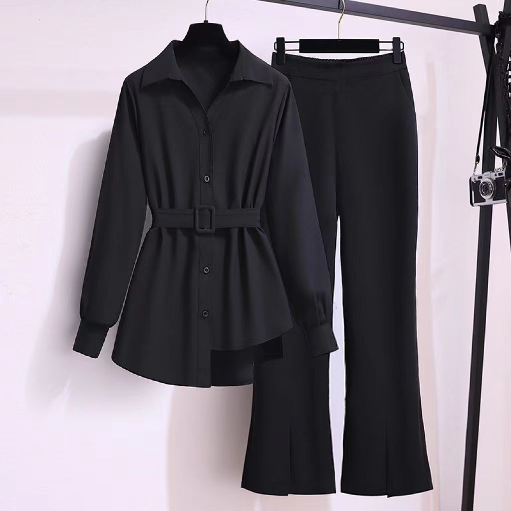 Women's Two Piece Pants Two Piece Sets Womens Outifits For Spring Female Pantsuits Office Lady Solid Irregular Hem Blouse Flare Pants Costume 230