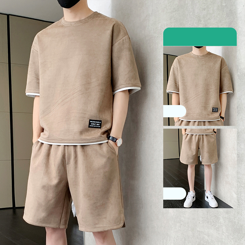 Men's Tracksuits Suede Tracksuit Mens Summer Sets O-Neck Short Sleeve Shorts Fashion Solid Color Sport Suit Men Loose T-shirts 2 Piece Set 230511