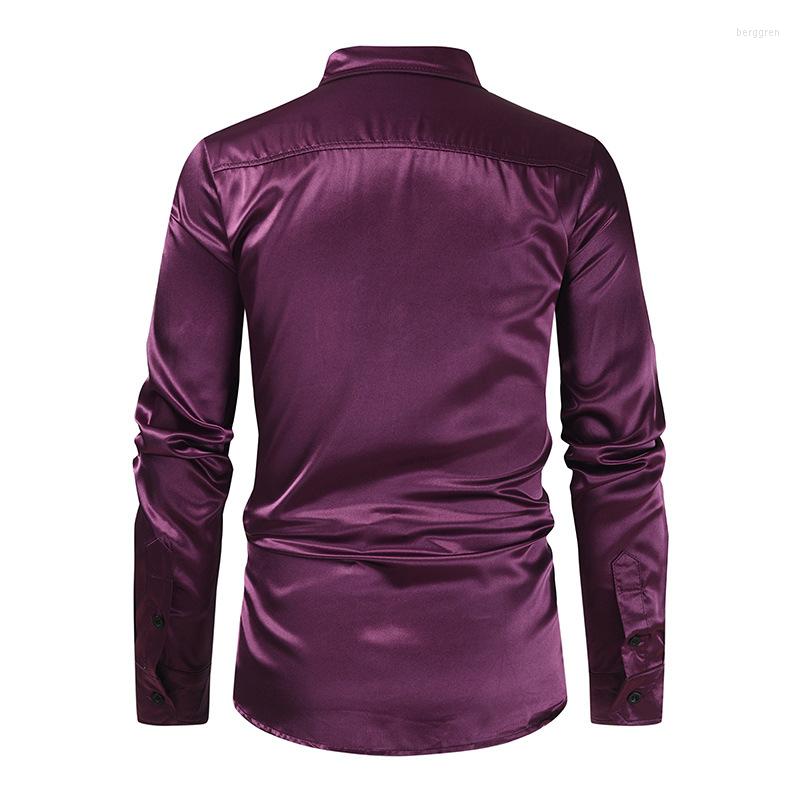Purple Sequins Silk Satin Men's Dress Shirt For Disco Party, Dance, Wedding, Prom