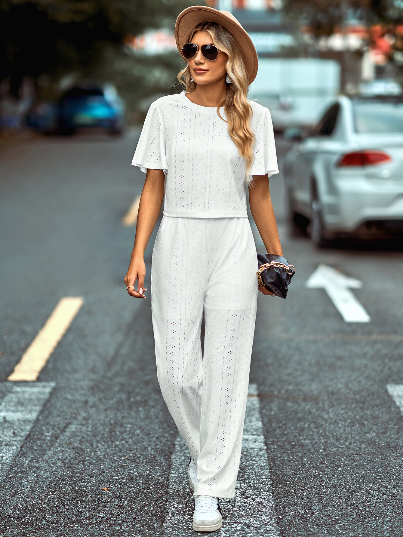 Women's Two Piece Pants Spring and Summer Women's Fashion Solid Color Casual Hollow Knitted Round Neck Trousers Suit Two Piece Sets 230511