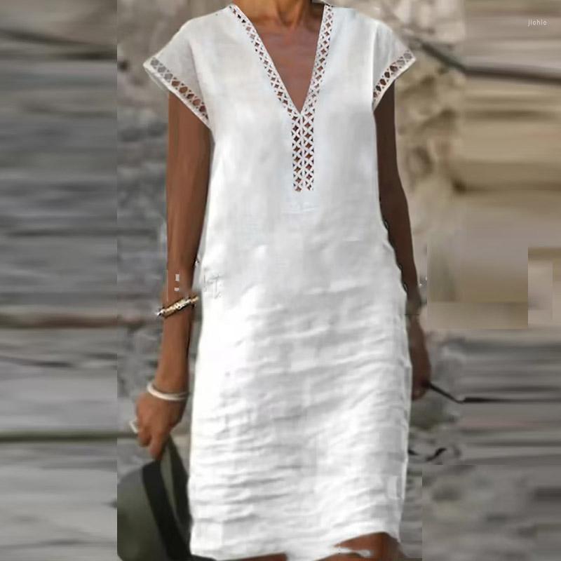 Casual Dresses Women Cotton Linen Dress Summer Fashion Solid Color Hallow Out Mini Female Oversize Mid-Sleeve Vestidos